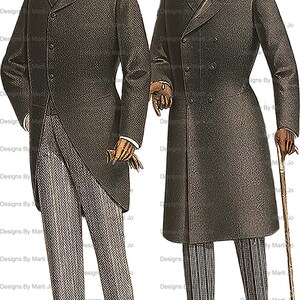 May include: Two men in formal attire, wearing top hats and long coats. One man is holding a cane. Both men are wearing striped trousers.