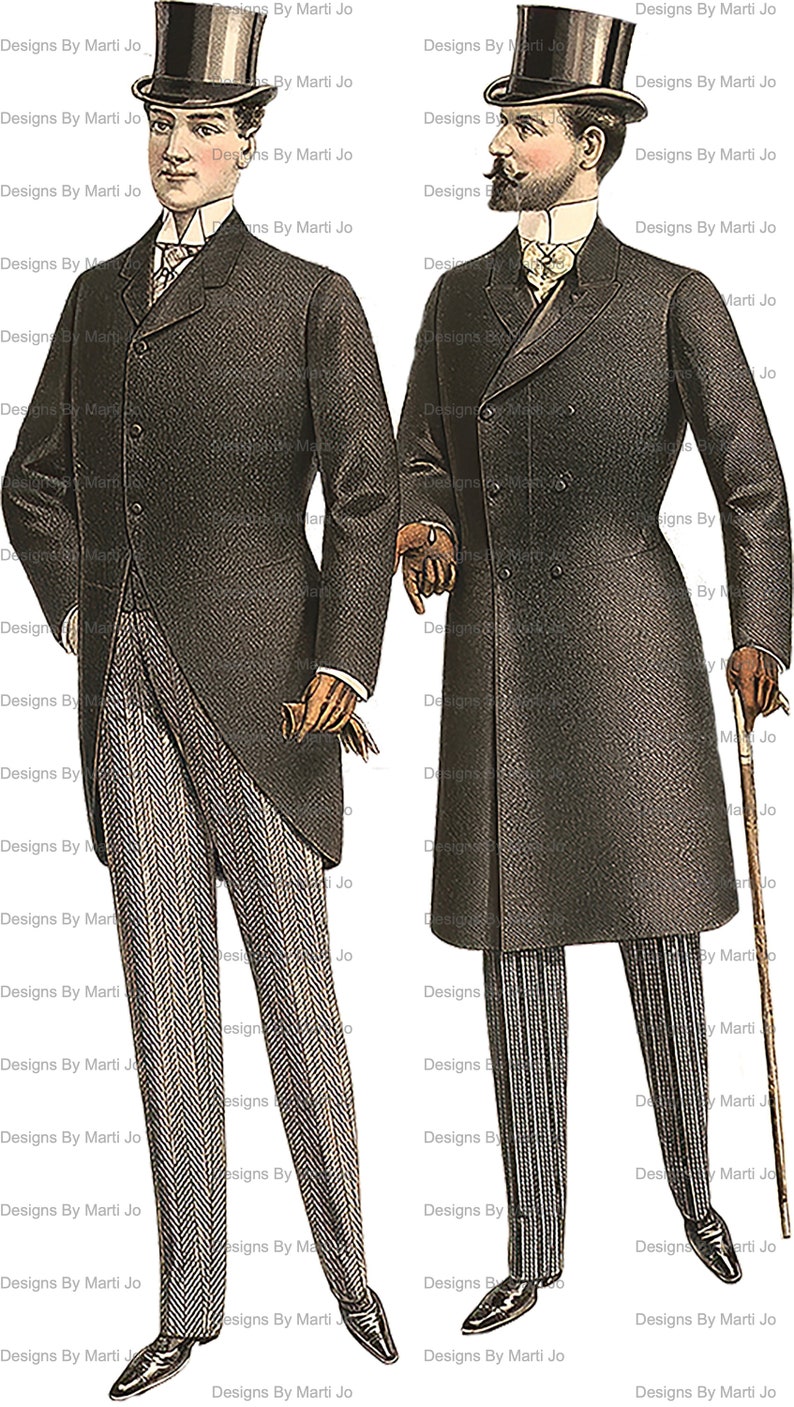 May include: Two men in formal attire, wearing top hats and long coats. One man is holding a cane. Both men are wearing striped trousers.
