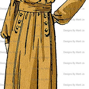 K&ouml;nnte beinhalten: Eine Frau in einem braunen Kleid mit wei&szlig;em Kragen und einem blau-wei&szlig; gestreiften Hut. Das Kleid hat einen G&uuml;rtel und Kn&ouml;pfe vorne. Die Frau steht mit der rechten Hand auf der H&uuml;fte.