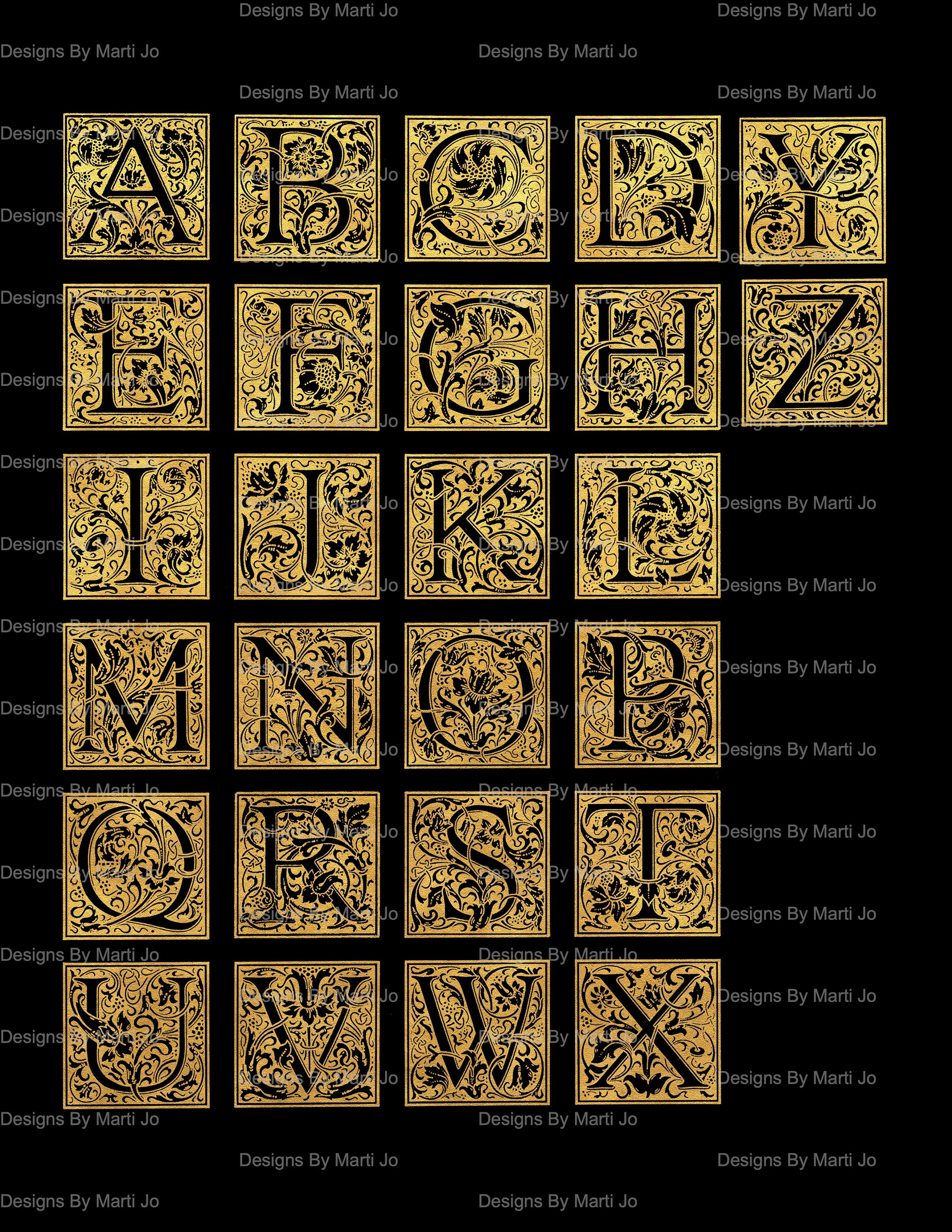 Gold Gilded Digital Vintage Complete Alphabet Fancy Letter Set ...