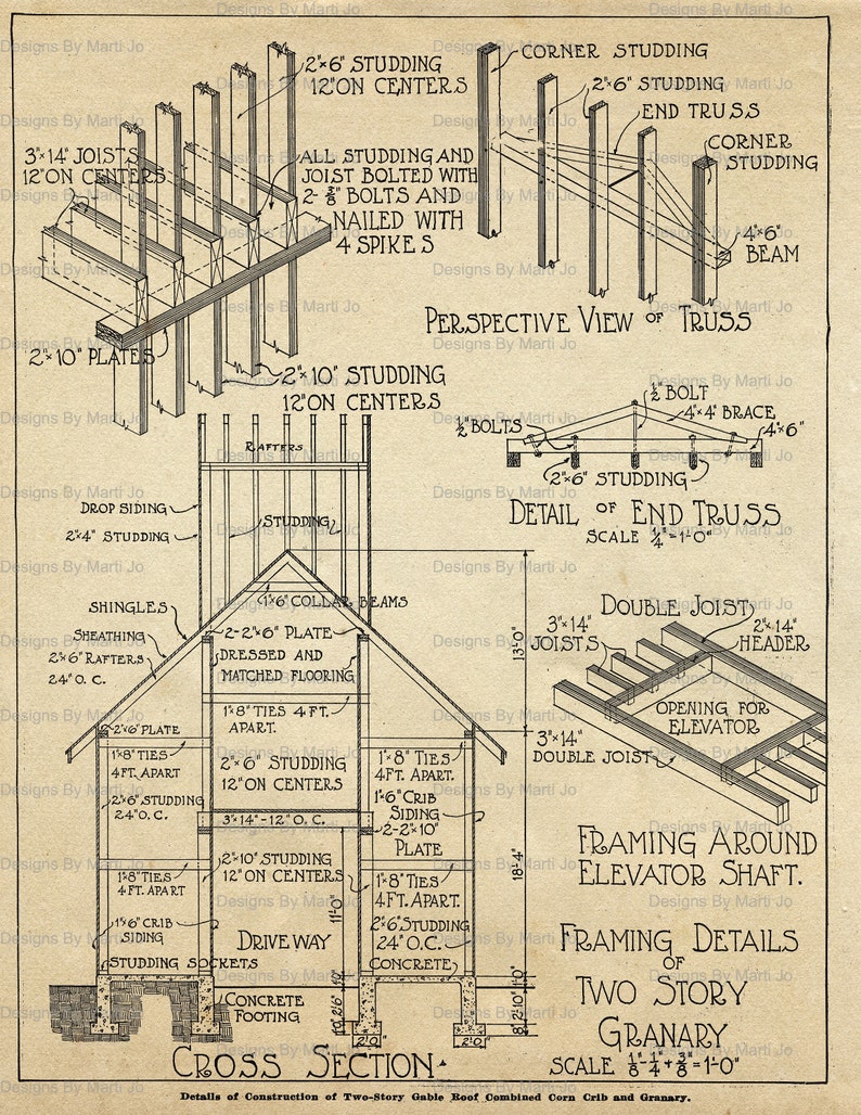 Vintage Barn Architecture Drawings PNG Overlays | 20 Vintage ...