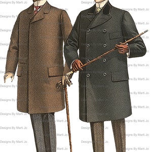 May include: Two men in vintage clothing, one wearing a brown overcoat and a top hat, the other wearing a dark blue overcoat and a bowler hat. Both men are holding walking sticks.