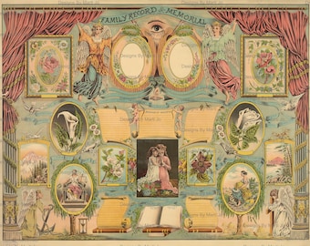 Op de afbeelding: Een vintage familie- en gedenkprint met sierlijke bloemen- en engelillustraties. Het ontwerp bevat ovale frames, tekst en een centraal beeld van twee figuren. Het kleurenpalet bevat zachte pasteltinten en gouden accenten.