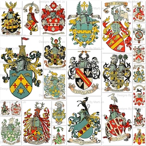 Vintage Medieval Heraldry PNG Clip Art | 25 Authentic Coat Of Arms Images | BONUS: 8.5 x 11 Jpg And Png Of All Images (5x5) | VC171