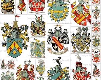 Vintage middeleeuwse heraldiek PNG-illustraties | 25 authentieke afbeeldingen van wapenschilden | BONUS: 8,5 x 11 jpg en png van alle afbeeldingen (5 x 5) | VC171