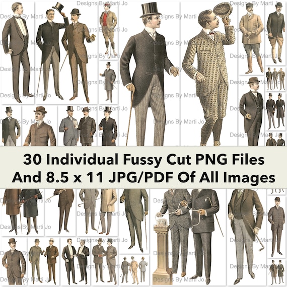 Vintage 1898 Fussy Cut Gentleman Fashion Images 30 Victorian Men's Fashion PNGs | BONUS: One 8.5 x 11 Jpg And Pdf Of All Images (6x5) | VP8