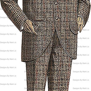 May include: A vintage illustration of a man wearing a brown and black patterned suit with a black bowler hat. He is standing with his hands in his pockets.