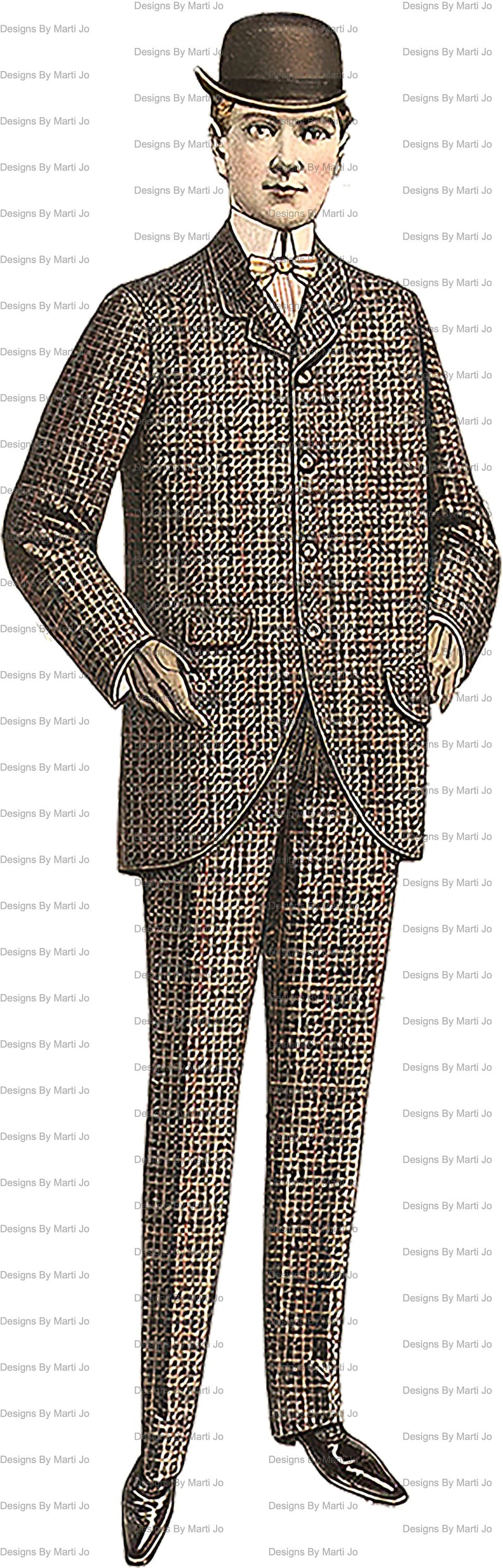 May include: A vintage illustration of a man wearing a brown and black patterned suit with a black bowler hat. He is standing with his hands in his pockets.