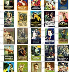 May include: A collage of vintage movie posters from the silent film era. The posters feature black and white images of actors and actresses, including Douglas Fairbanks, Dorothy Gish, Buck Jones, and Gloria Swanson. The posters are all in a similar style, with bold lettering and dramatic imagery.