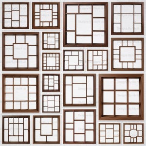 Puede incluir: Una colección de marcos de ventanas de madera marrón con diferentes diseños geométricos. Los marcos están dispuestos sobre un fondo blanco texturizado, con el texto "Designs By Marti Jo" visible en algunos marcos.