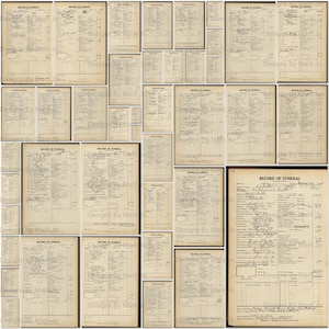 May include: A collage of vintage funeral records, featuring handwritten entries and printed forms. The documents are aged with a sepia tone, and the text "Record of Funeral" is visible on several pages. The design includes the text "Designs By Marti Jo".
