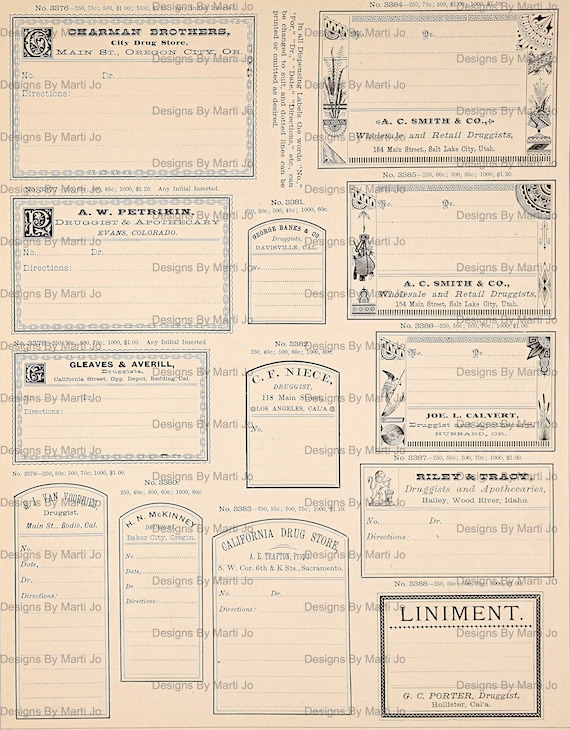 8 枚のビンテージ薬局ラベルシートセット 2 | 印刷可能なデジタル薬局