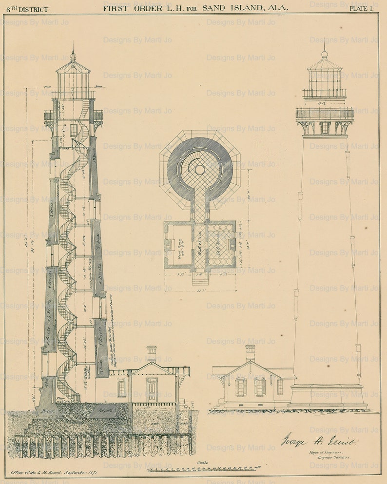 Vintage Lighthouse Drawings | 12 Lighthouse Blueprint Illustrations ...