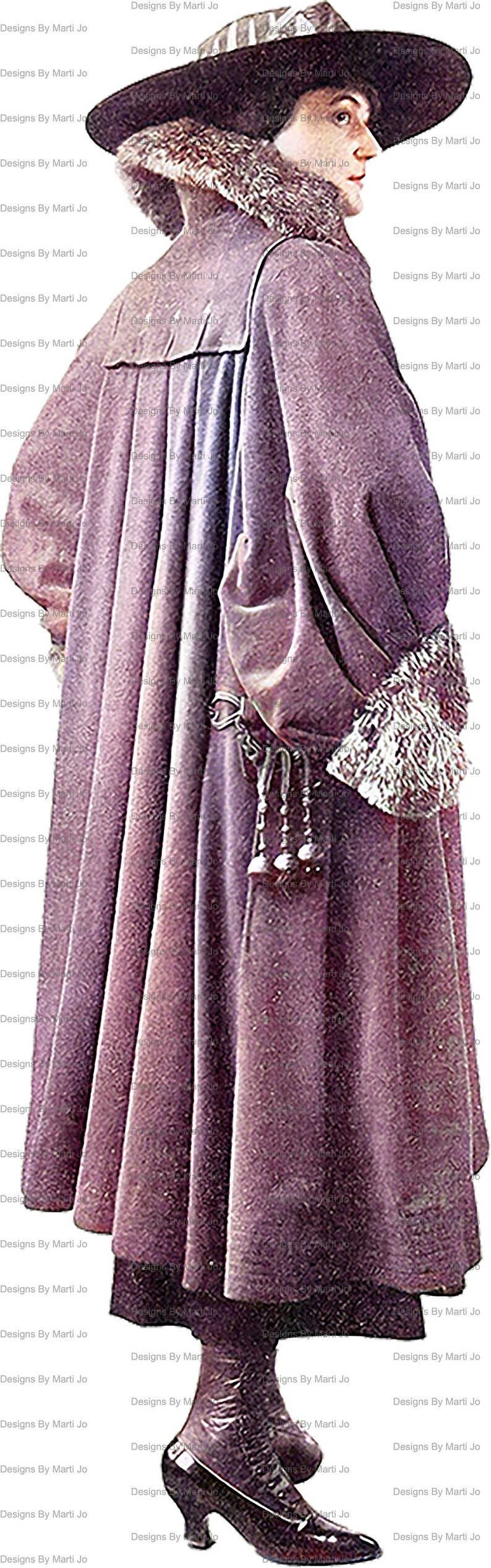 K&ouml;nnte beinhalten: Eine Frau tr&auml;gt einen langen, lilafarbenen Mantel mit einem Pelzkragen und -&auml;rmeln. Sie tr&auml;gt einen breitkrempigen Hut und schwarze Schuhe. Der Mantel hat einen dekorativen Quasten, der an der Taille h&auml;ngt.
