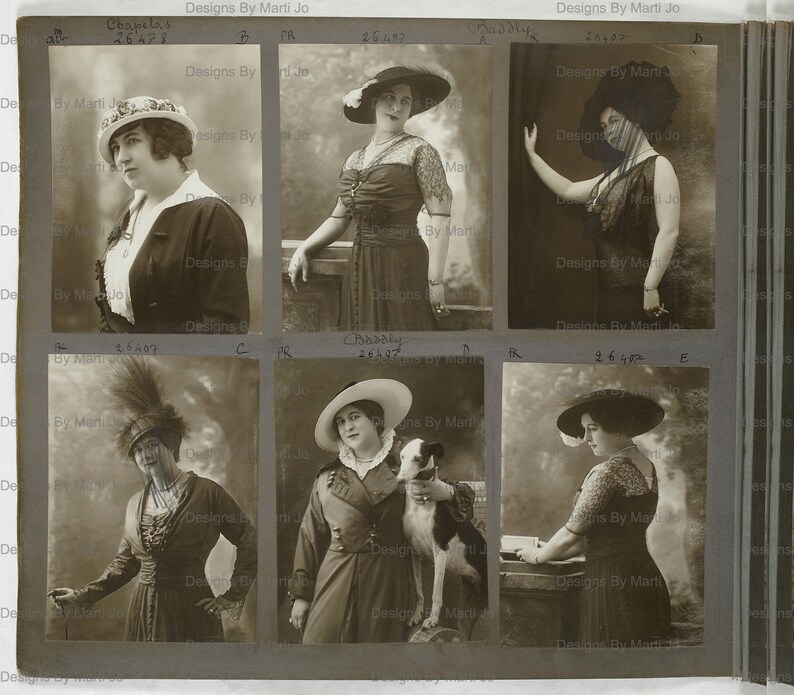 May include: A collection of six vintage black and white photographs of women wearing hats. The women are posed in various settings, including a garden and a studio. The photographs are printed on thick card stock and have a slightly textured surface.