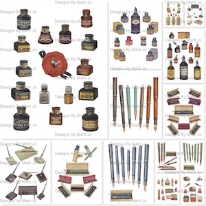 Vintage Stifte, Tusche Und Kleister Werbung Clip Art | 14 8,5 x 11 PNGs von Vintage-Schreibgeräten und Zubehör | VC68