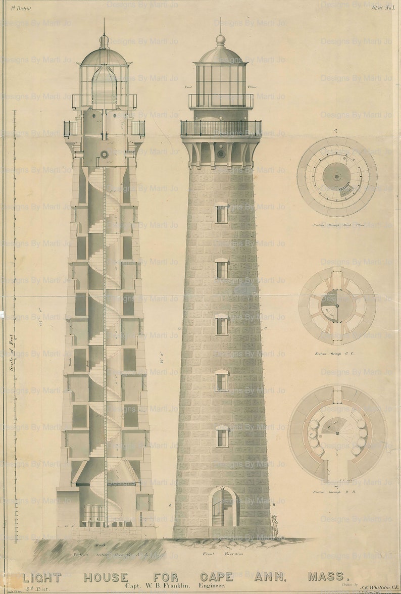 Vintage Lighthouse Drawings | 12 Lighthouse Blueprint Illustrations ...