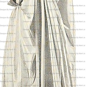 K&ouml;nnte beinhalten: Eine Schwarzwei&szlig;-Vintage-Illustration einer Frau in einem langen, flie&szlig;enden Kleid mit einem gro&szlig;en, drapierten Kragen. Die Frau steht mit dem R&uuml;cken zum Betrachter und hat den Kopf zur Seite gedreht. Das Kleid hat eine strukturierte, stoffartige Optik.