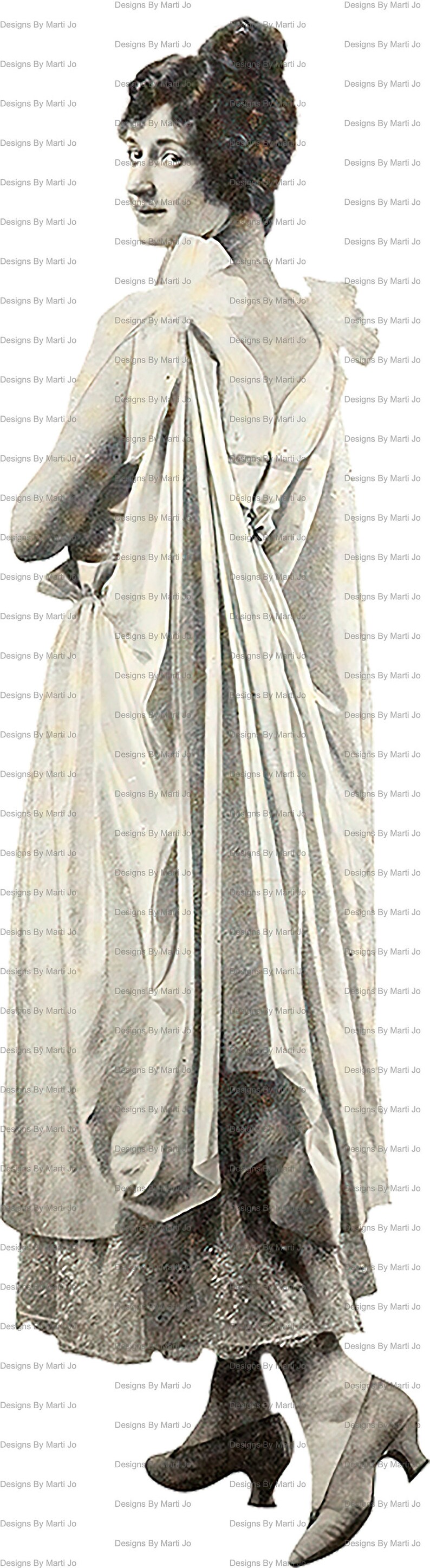K&ouml;nnte beinhalten: Eine Schwarzwei&szlig;-Vintage-Illustration einer Frau in einem langen, flie&szlig;enden Kleid mit einem gro&szlig;en, drapierten Kragen. Die Frau steht mit dem R&uuml;cken zum Betrachter und hat den Kopf zur Seite gedreht. Das Kleid hat eine strukturierte, stoffartige Optik.