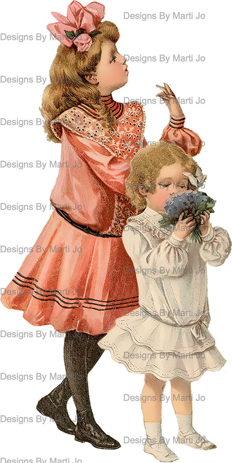 May include: Two young girls in vintage clothing. The girl on the left is wearing a pink dress with a pink bow in her hair. The girl on the right is wearing a white dress and holding a bouquet of purple flowers.