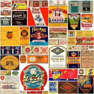 Vintage Food Labels Kit 4 | 50 Digital Antique Food Labels JPG Files BONUS: Two 8.5 x 11 Jpgs And Pdfs Of All Images (5x5) | VL86