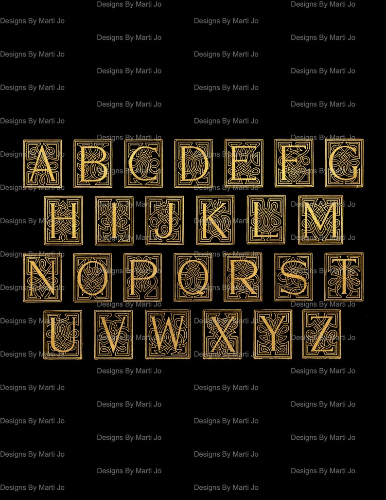 Gold Gilded Digital Vintage Complete Alphabet Fancy Letter Set ...