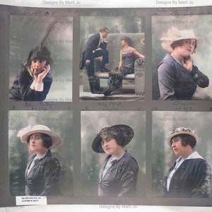 May include: A vintage photo album with six black and white photos of women wearing hats. The photos are labeled with names and dates. The album cover has the text "Designs By Marti Jo" printed on it.