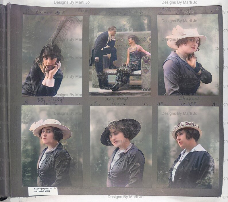 May include: A vintage photo album with six black and white photos of women wearing hats. The photos are labeled with names and dates. The album cover has the text "Designs By Marti Jo" printed on it.
