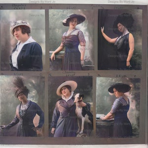 May include: A collection of six vintage postcards featuring women in various poses wearing hats and dresses. The postcards are in black and white with a sepia tone. The postcards are labeled with numbers and titles.