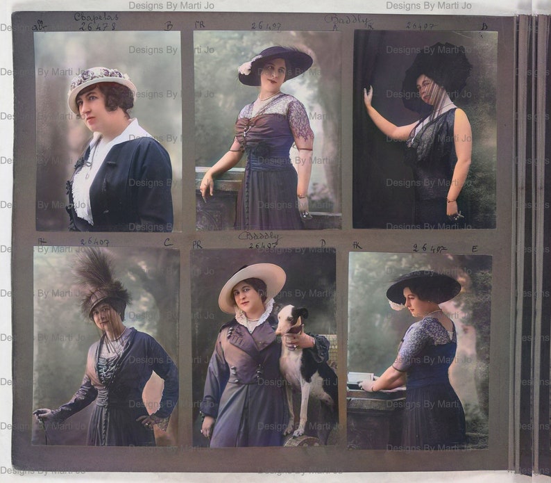 May include: A collection of six vintage postcards featuring women in various poses wearing hats and dresses. The postcards are in black and white with a sepia tone. The postcards are labeled with numbers and titles.
