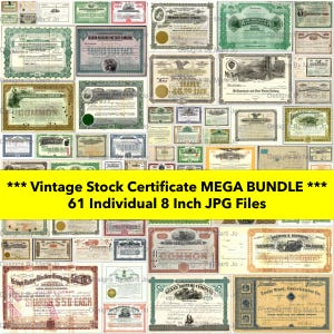 Paquete Mega de certificados bursátiles antiguos / Conjuntos 1 a 4 combinados en un solo producto / Documentos bursátiles antiguos / 61 archivos JPG imprimibles / MB14