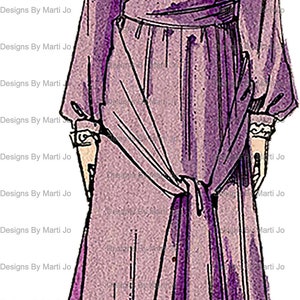 K&ouml;nnte beinhalten: Eine Frau in einem lila Kleid mit einem wei&szlig;en Spitzenkragen und einem rosa Hut mit Blumen. Sie h&auml;lt einen Stock und hat einen Schal um die Taille gebunden.