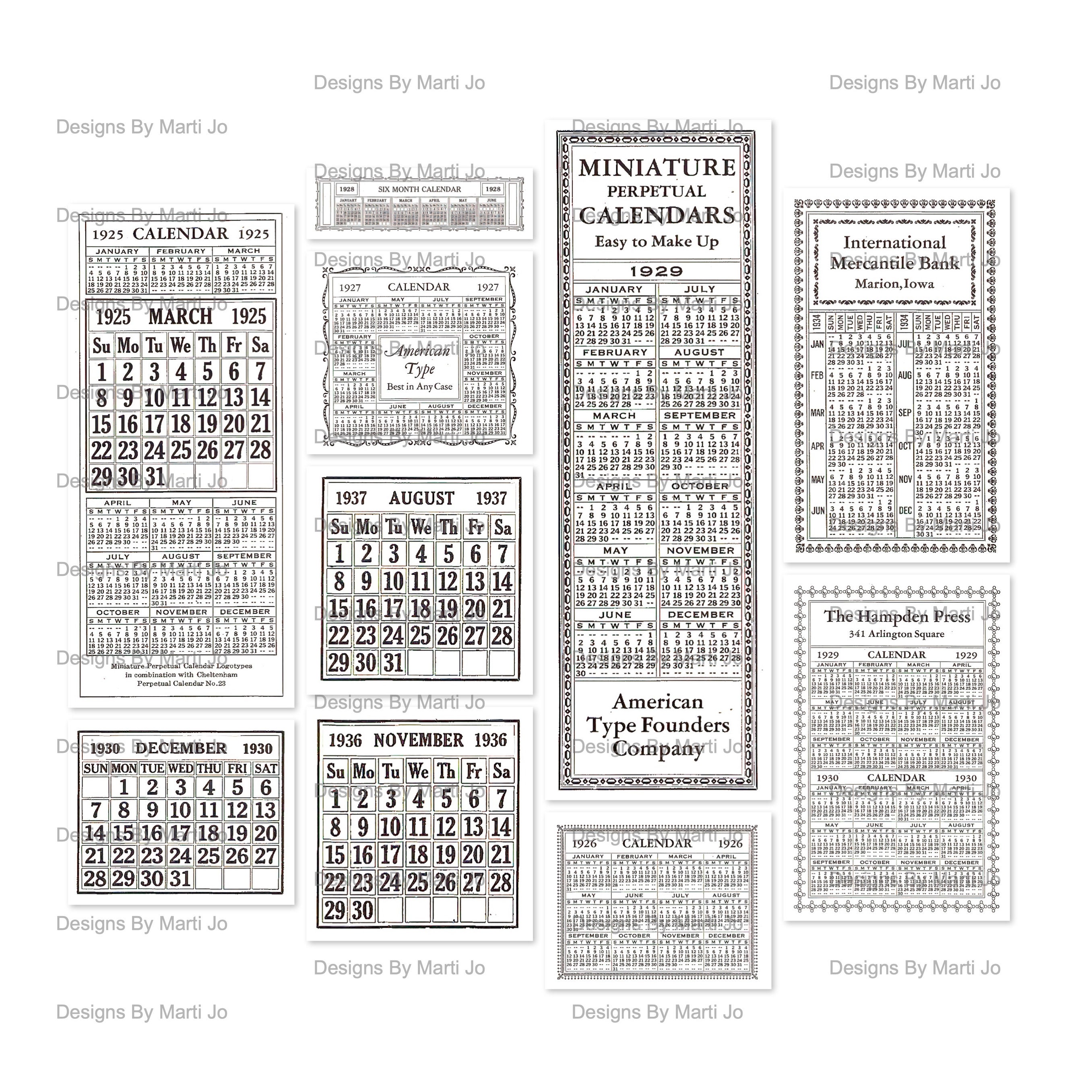 Set of 10 Vintage Calendars | Printable Vintage Ephemera | Instant Download | Commercial Use OK | VC14