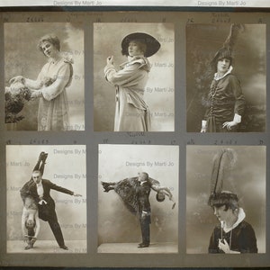 May include: A vintage photo album with six black and white photographs. The photos show a woman holding a bouquet of flowers, a woman wearing a hat and coat, a woman wearing a hat with feathers, a man holding a woman upside down, a man holding a woman upside down, and a woman wearing a hat with feathers.