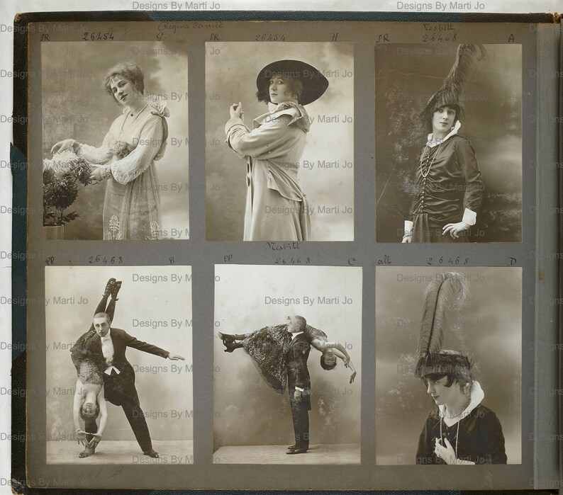 May include: A vintage photo album with six black and white photographs. The photos show a woman holding a bouquet of flowers, a woman wearing a hat and coat, a woman wearing a hat with feathers, a man holding a woman upside down, a man holding a woman upside down, and a woman wearing a hat with feathers.