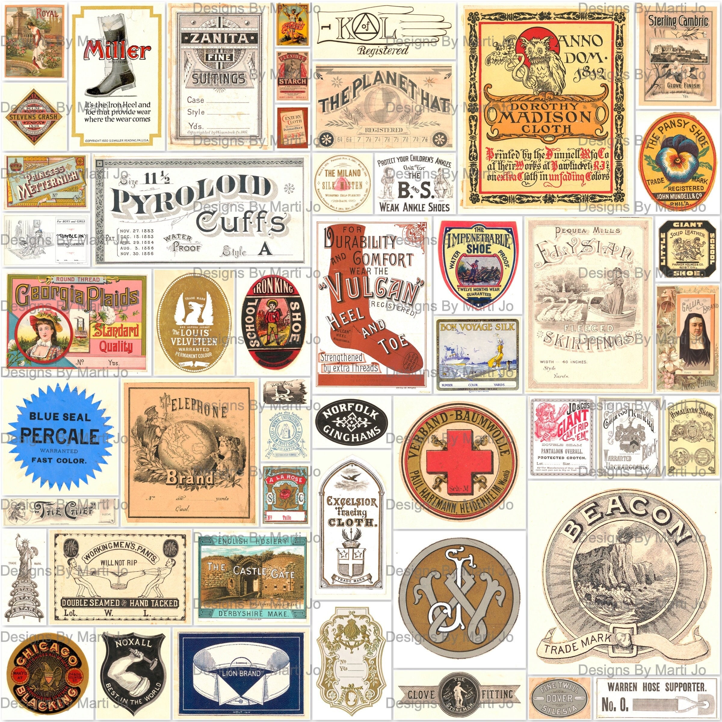 Vintage Clothing Related Labels Kit 2 | 50 Printable Vintage