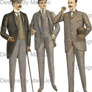 May include: Three men in formal attire from the early 1900s. The man on the left is wearing a black suit with a top hat, the middle man is wearing a grey suit with a straw hat, and the man on the right is wearing a brown suit with a bowler hat.