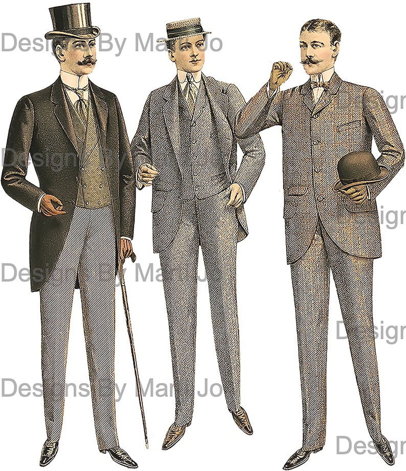 May include: Three men in formal attire from the early 1900s. The man on the left is wearing a black suit with a top hat, the middle man is wearing a grey suit with a straw hat, and the man on the right is wearing a brown suit with a bowler hat.