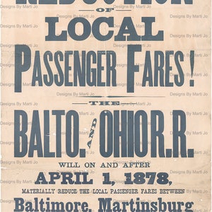 Pode incluir: Um cartaz vintage em preto e branco anunciando uma redu&ccedil;&atilde;o nas tarifas de passageiros locais na ferrovia Baltimore and Ohio. O cartaz indica que a redu&ccedil;&atilde;o entrar&aacute; em vigor em 1 de abril de 1878.