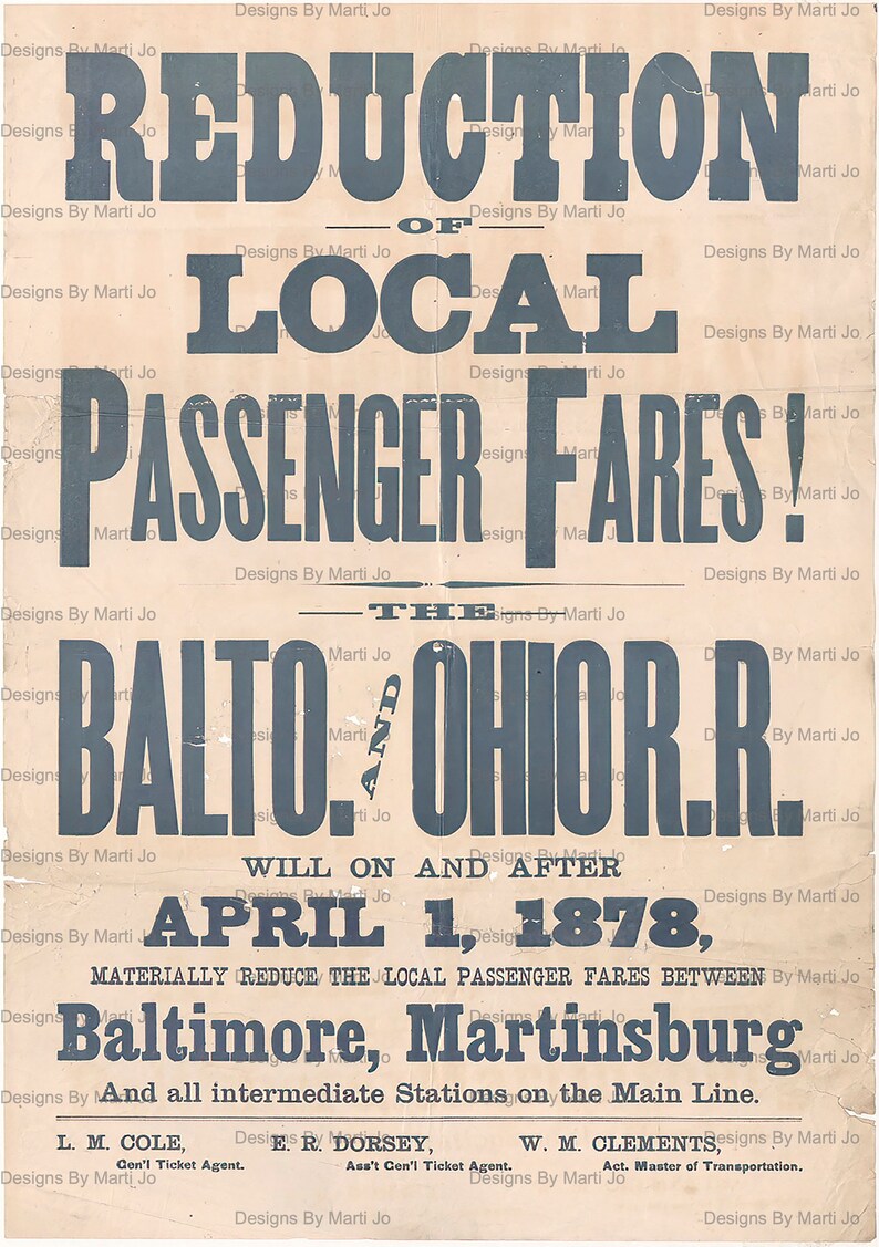 Pode incluir: Um cartaz vintage em preto e branco anunciando uma redu&ccedil;&atilde;o nas tarifas de passageiros locais na ferrovia Baltimore and Ohio. O cartaz indica que a redu&ccedil;&atilde;o entrar&aacute; em vigor em 1 de abril de 1878.