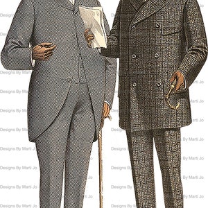 May include: Two men in formal attire from the early 1900s. The man on the left is wearing a top hat, a grey suit, and a white shirt with a bow tie. He is holding a cane in his right hand. The man on the right is wearing a brown hat, a brown suit, and a white shirt with a tie. He is holding a cane in his left hand.