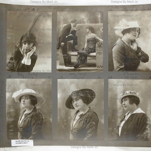 May include: A collection of six vintage black and white photographs of women wearing hats and dresses. The photographs are arranged in a grid of two rows and three columns. The photographs are all from the early 1900s and feature women in various poses. The photographs are all in good condition and have a vintage feel.