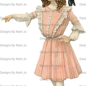 May include: A vintage illustration of a young girl wearing a pink dress with white lace trim, a straw hat with a black ribbon, and white shoes. The girl is standing with her right hand on her hip and her left hand pointing to the left. The image has a faded, antique look.