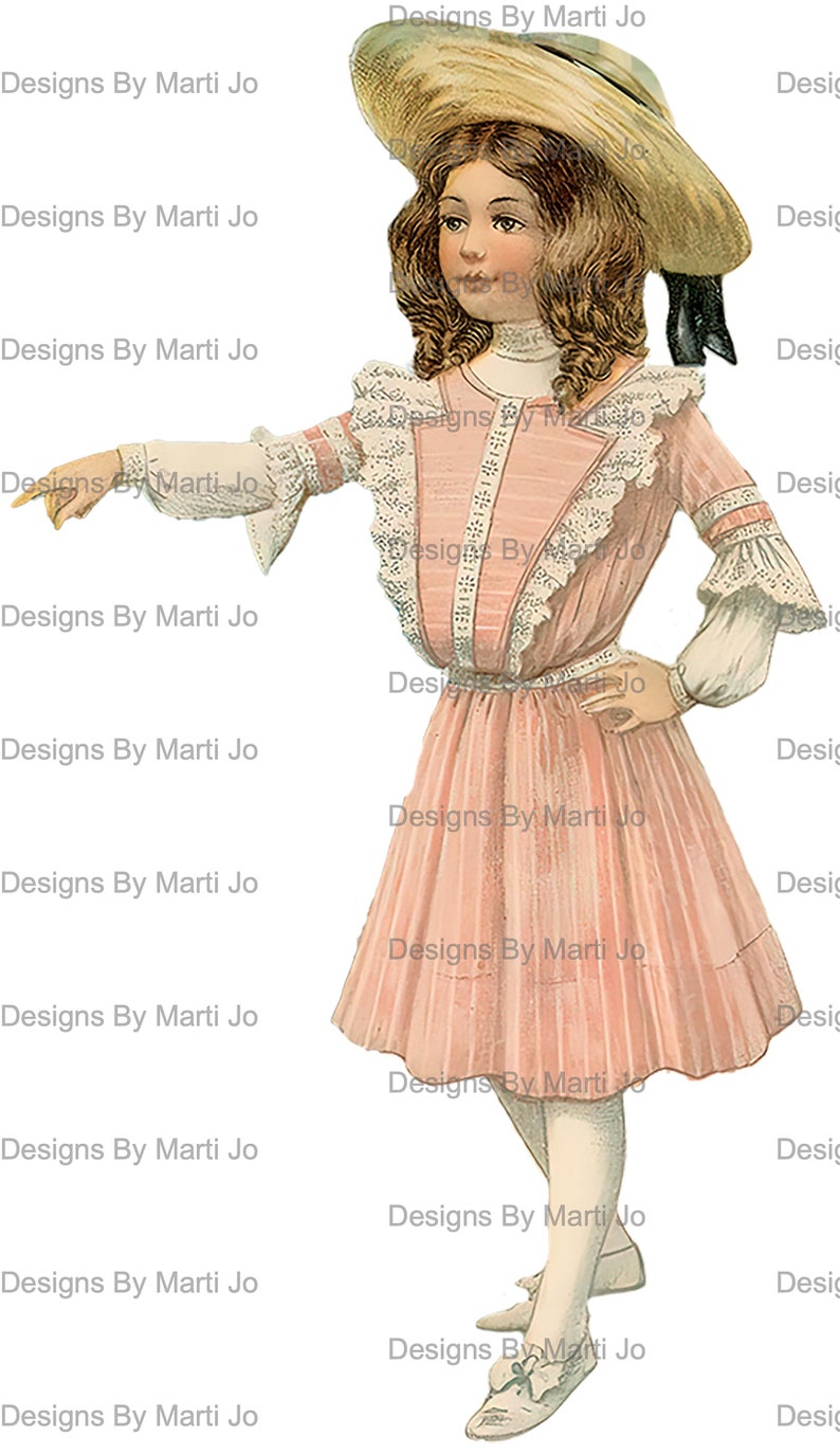 May include: A vintage illustration of a young girl wearing a pink dress with white lace trim, a straw hat with a black ribbon, and white shoes. The girl is standing with her right hand on her hip and her left hand pointing to the left. The image has a faded, antique look.