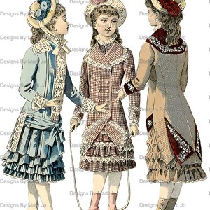 May include: Three girls in vintage clothing from the late 1800s. The girl on the left is wearing a blue dress with a white lace trim and a white hat with blue flowers. The girl in the middle is wearing a plaid dress with a white lace trim and a white hat with pink flowers. The girl on the right is wearing a brown dress with a white lace trim and a red hat with a white feather.