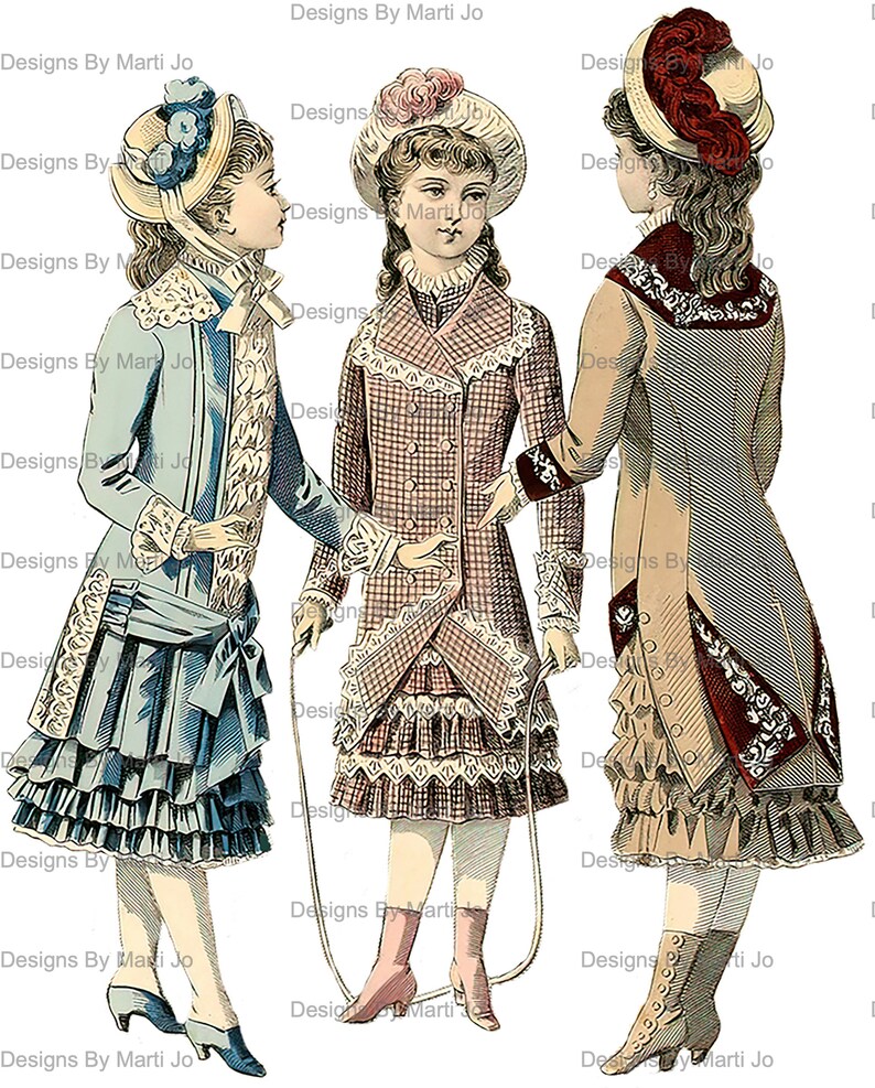 May include: Three girls in vintage clothing from the late 1800s. The girl on the left is wearing a blue dress with a white lace trim and a white hat with blue flowers. The girl in the middle is wearing a plaid dress with a white lace trim and a white hat with pink flowers. The girl on the right is wearing a brown dress with a white lace trim and a red hat with a white feather.