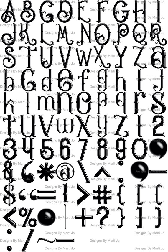 光沢のある黒の装飾アルファベット | 印刷可能なアンティーク装飾文字