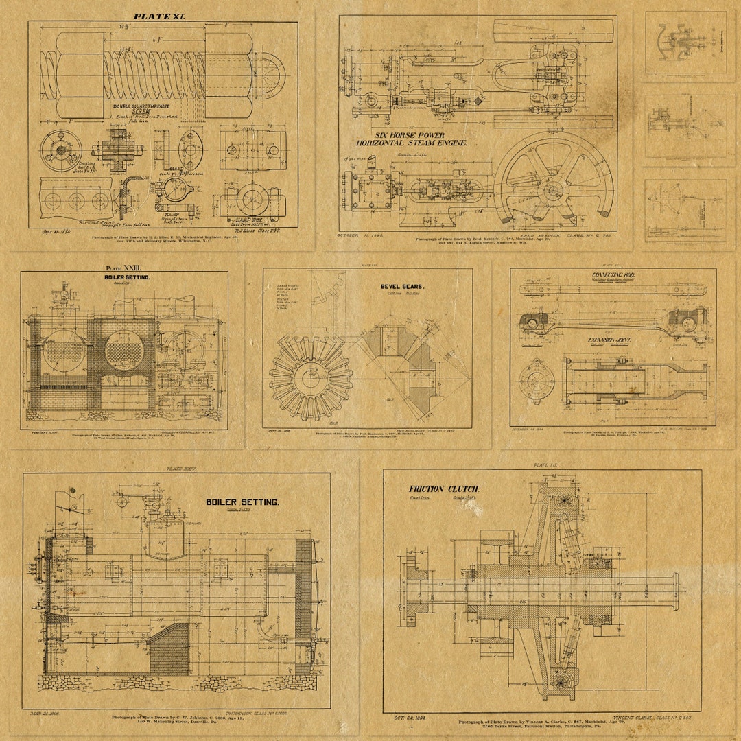 Vintage Mechanical Drawings PNG Overlays 10 Vintage Engineering Drawings Pages Instant Download