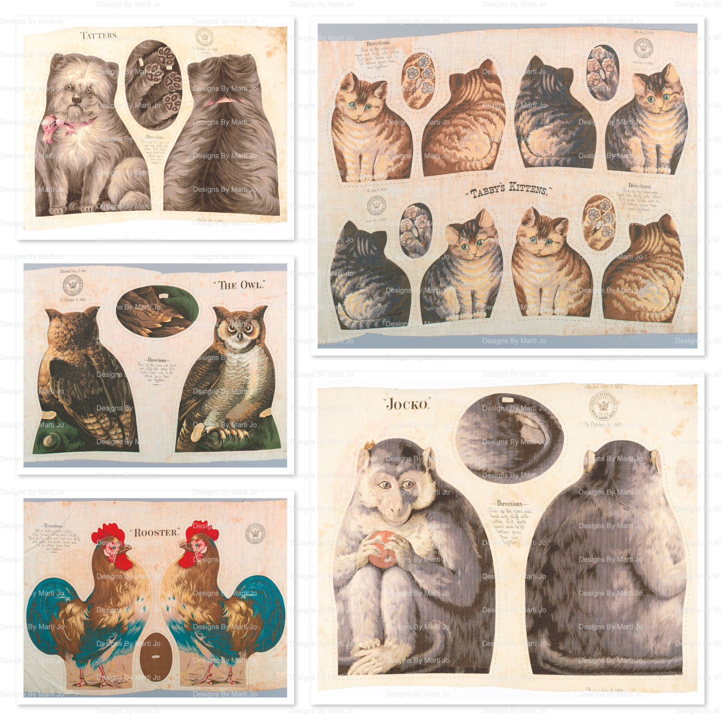1892 Vintage Sewable Kit Stuffed Animals | 5 Animal Toy Patterns JPG Files | Instant Download | Commercial Use OK | VC113