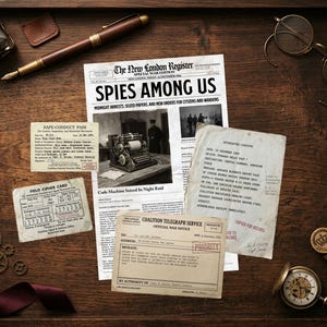 Op de afbeelding: Een vintage compositie met een krant met de kop "SPIES AMONG US", een vulpen, een inktpot en documenten. Andere items zijn een zakhorloge, tandwielen en een safe-conduct pass, allemaal gerangschikt op een houten oppervlak.